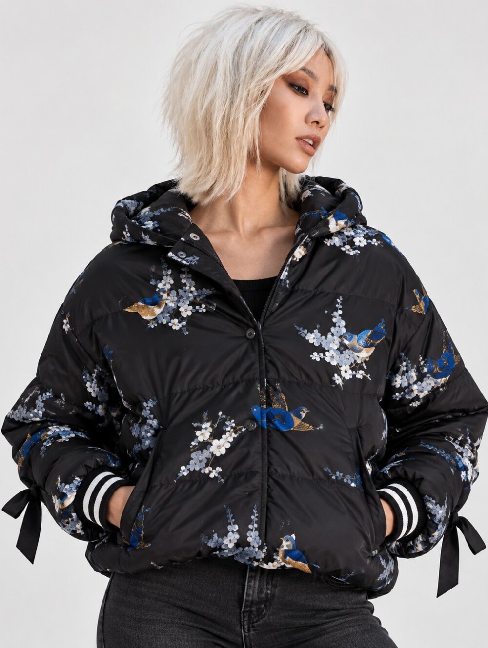 Maje Mod Floral Bird Print Hooded Puffer Jacket Black Blue TU One Size